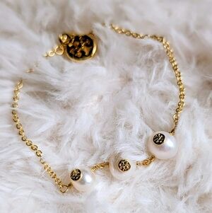 Tory Burch White 3 Pearls TB Logo Chain Link Bracelet